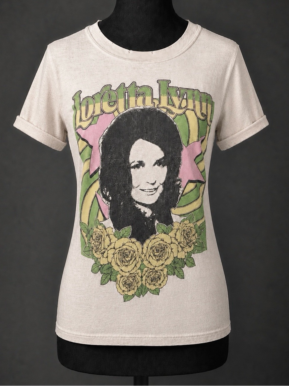Loretta Lynn distressed retro 70s white screen print tshirt.  XS